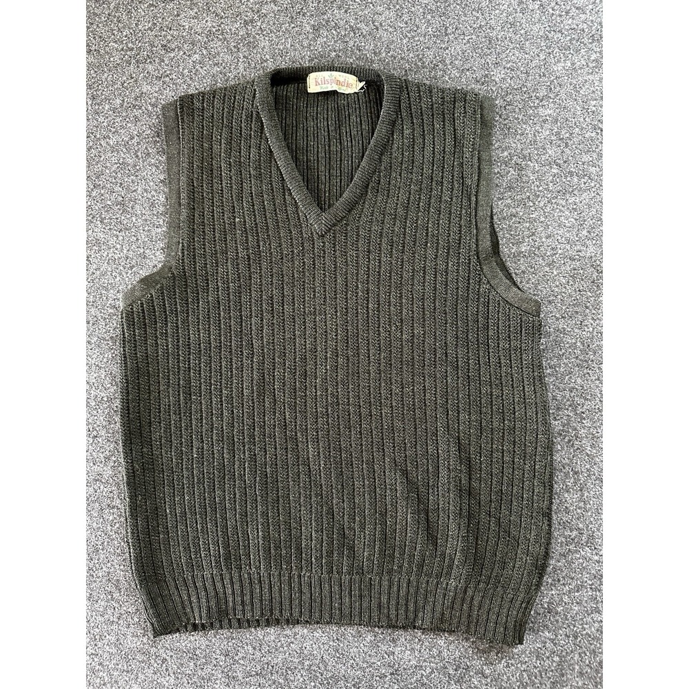 Kilspindie Mens‎ Wool Sweater Vest V-Neck Ribbed Knit Green Made in Scotland VTG